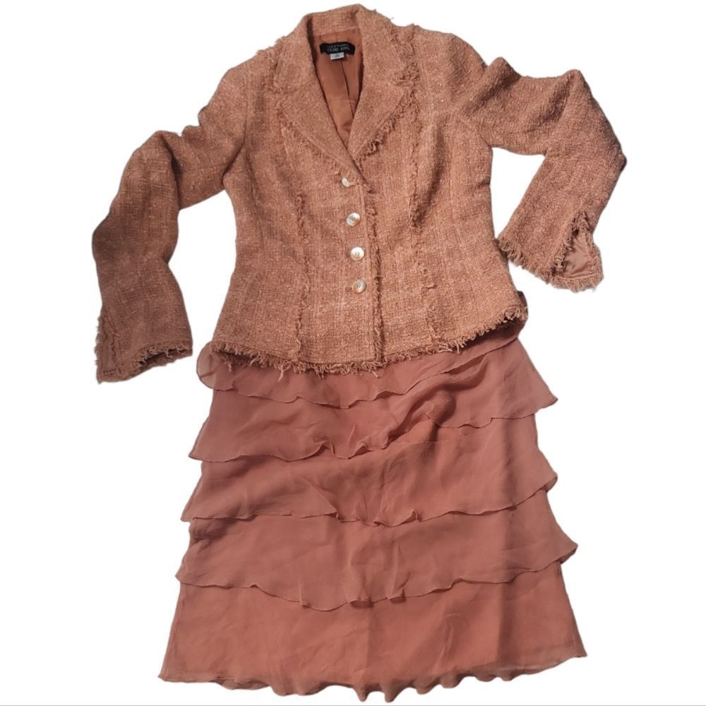 TERI JON Vintage Coral Fringe Ruffle Blazer/Skirt 3-Piece Suit Set Size 2